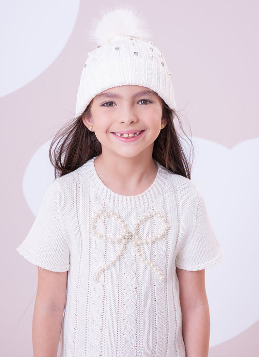 Vestido Tricot Sem Costura Canelado Laço Bordado Vestido Tricot Sem Costura Canelado Laço Bordado