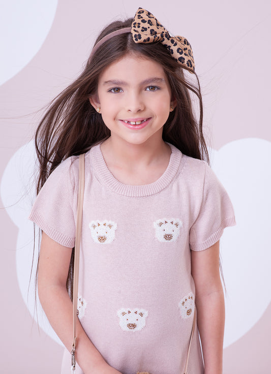 Vestido Tricot Rostinhos Ursinhas Cristais Vestido Tricot Rostinhos Ursinhas Cristais