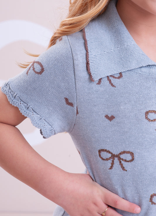 Blusa Tricot Gola Polo Laços e Corações Cristal Blusa Tricot Gola Polo Laços e Corações Cristal