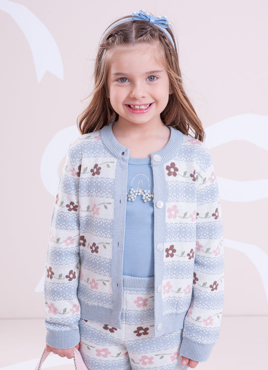 Casaco Tricot Listrado Multi Flores Casaco Tricot Listrado Multi Flores