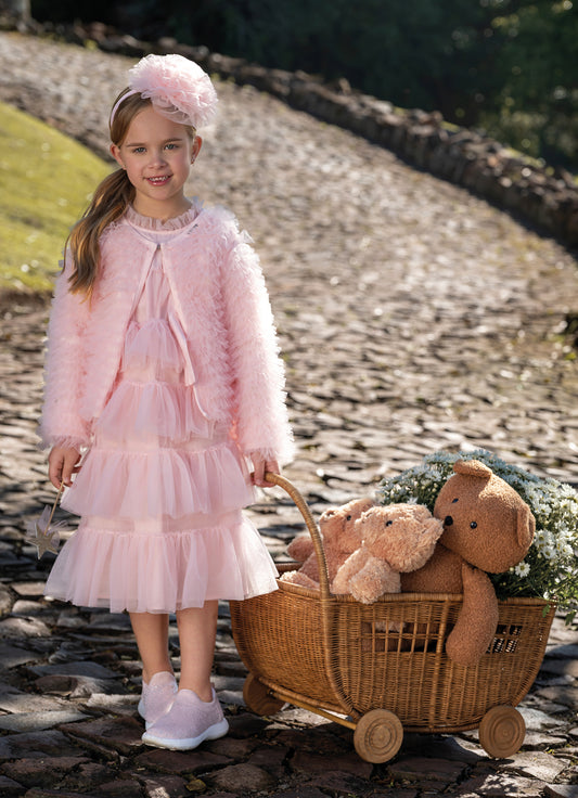 Vestido Tule Camadas Babado Laço