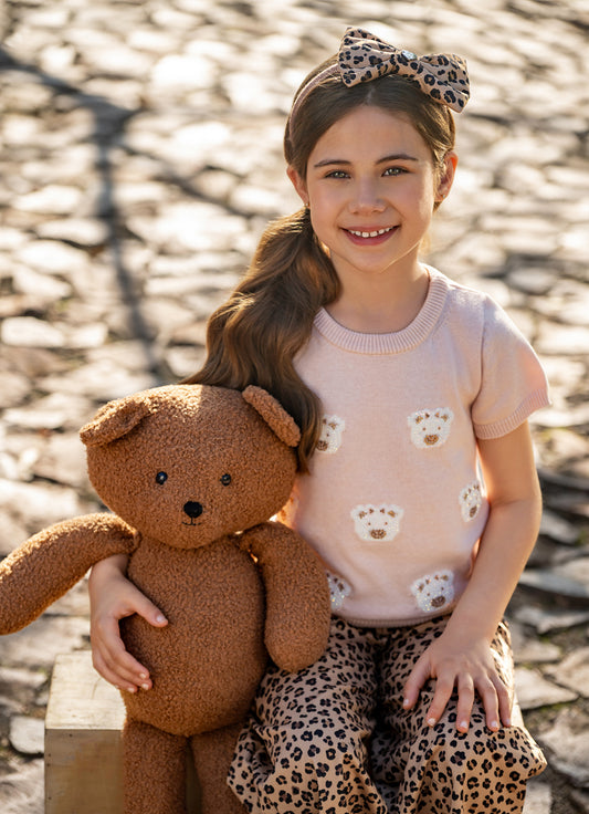 Blusa Tricot Manga Curta Rosto Ursinhas Cristais
