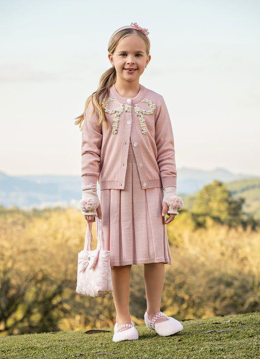 Casaco Tricot Maxi Laço Bordado Pérolas e Cristais