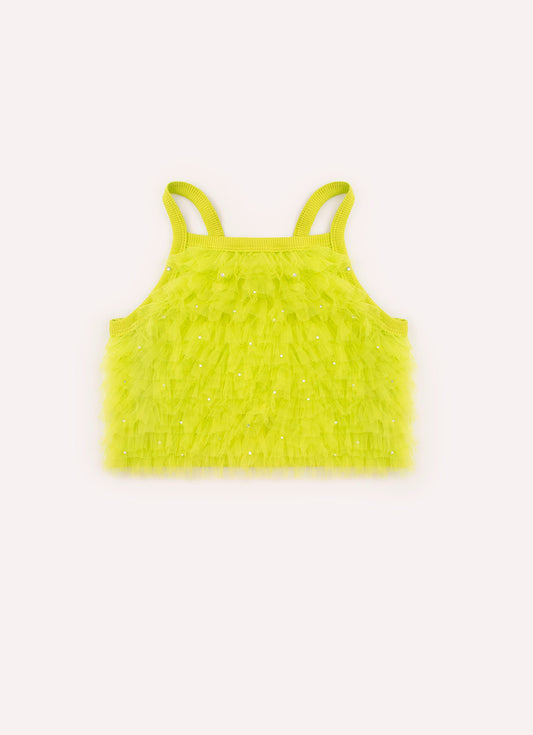 Blusa Cropped Ribana e Tule