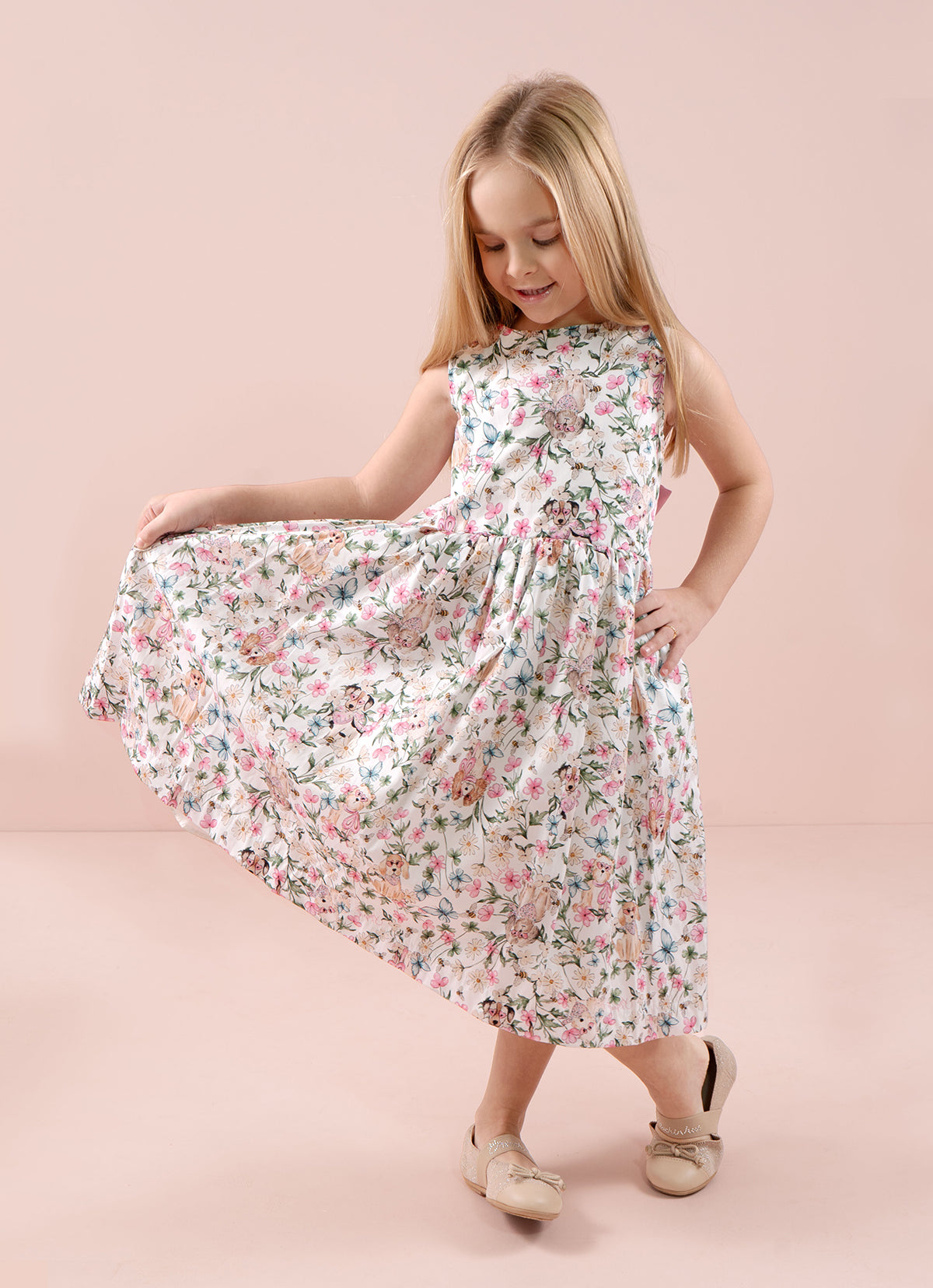 Vestido Algodão Multi Flores e Cachorrinhos Laço Costas