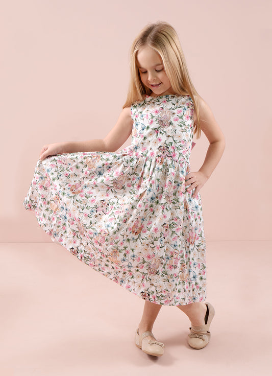 Vestido Algodão Multi Flores e Cachorrinhos Laço Costas