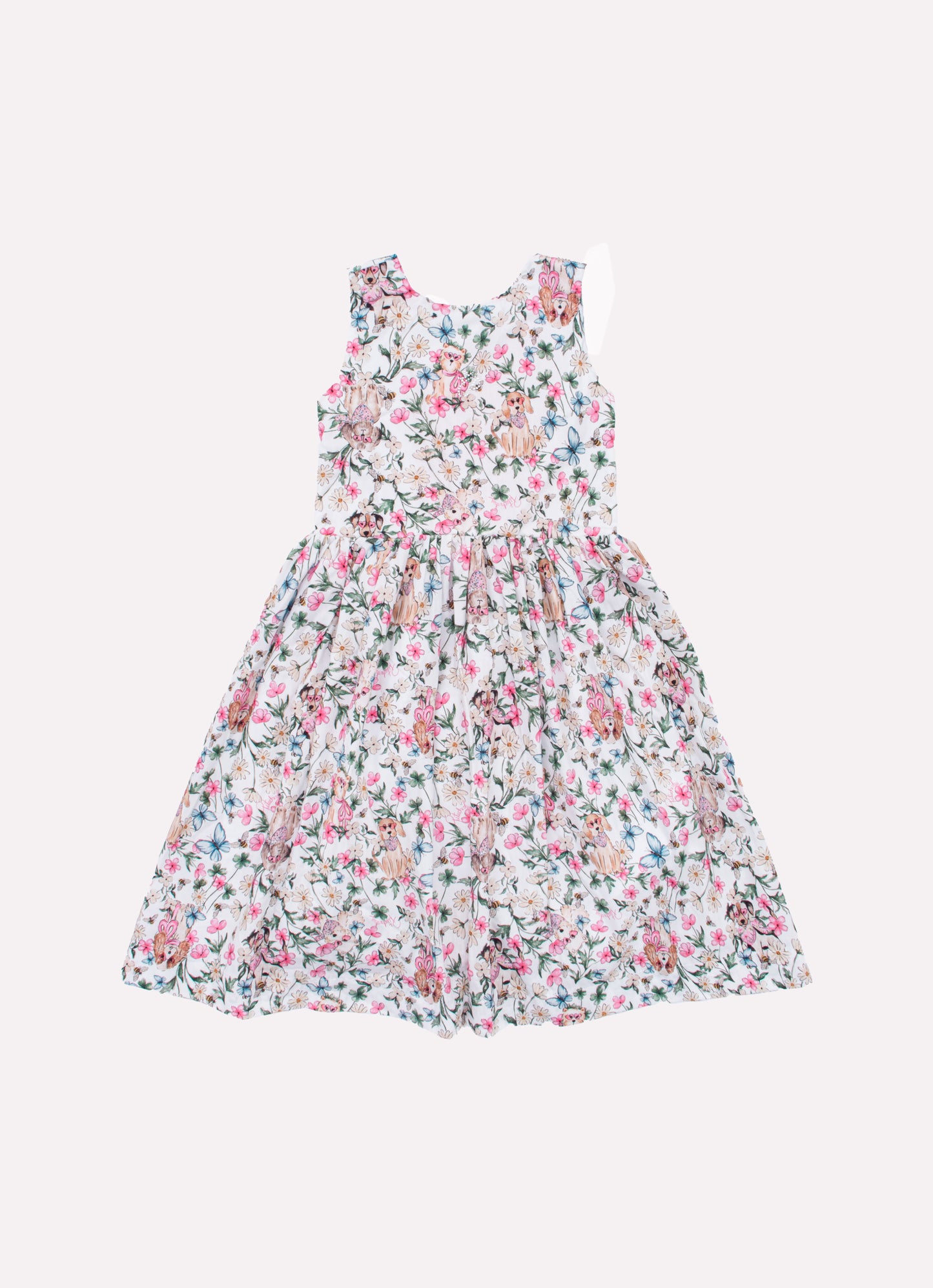 Vestido Algodão Multi Flores e Cachorrinhos Laço Costas