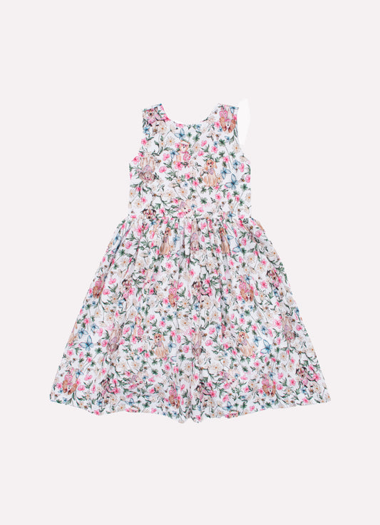 Vestido Algodão Multi Flores e Cachorrinhos Laço Costas