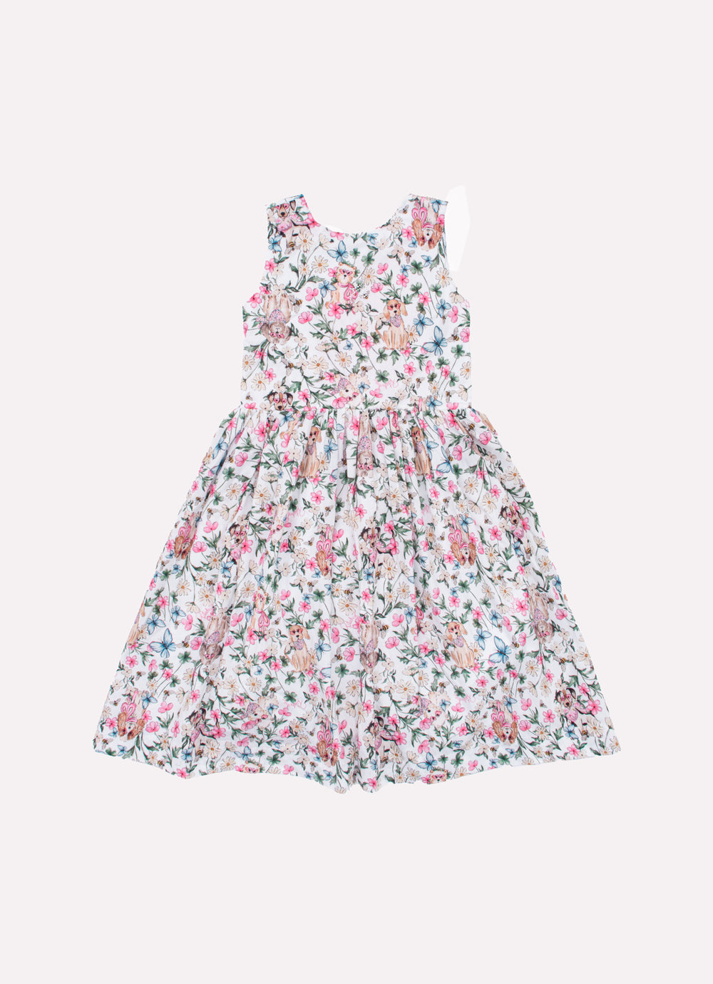 Vestido Algodão Multi Flores e Cachorrinhos Laço Costas