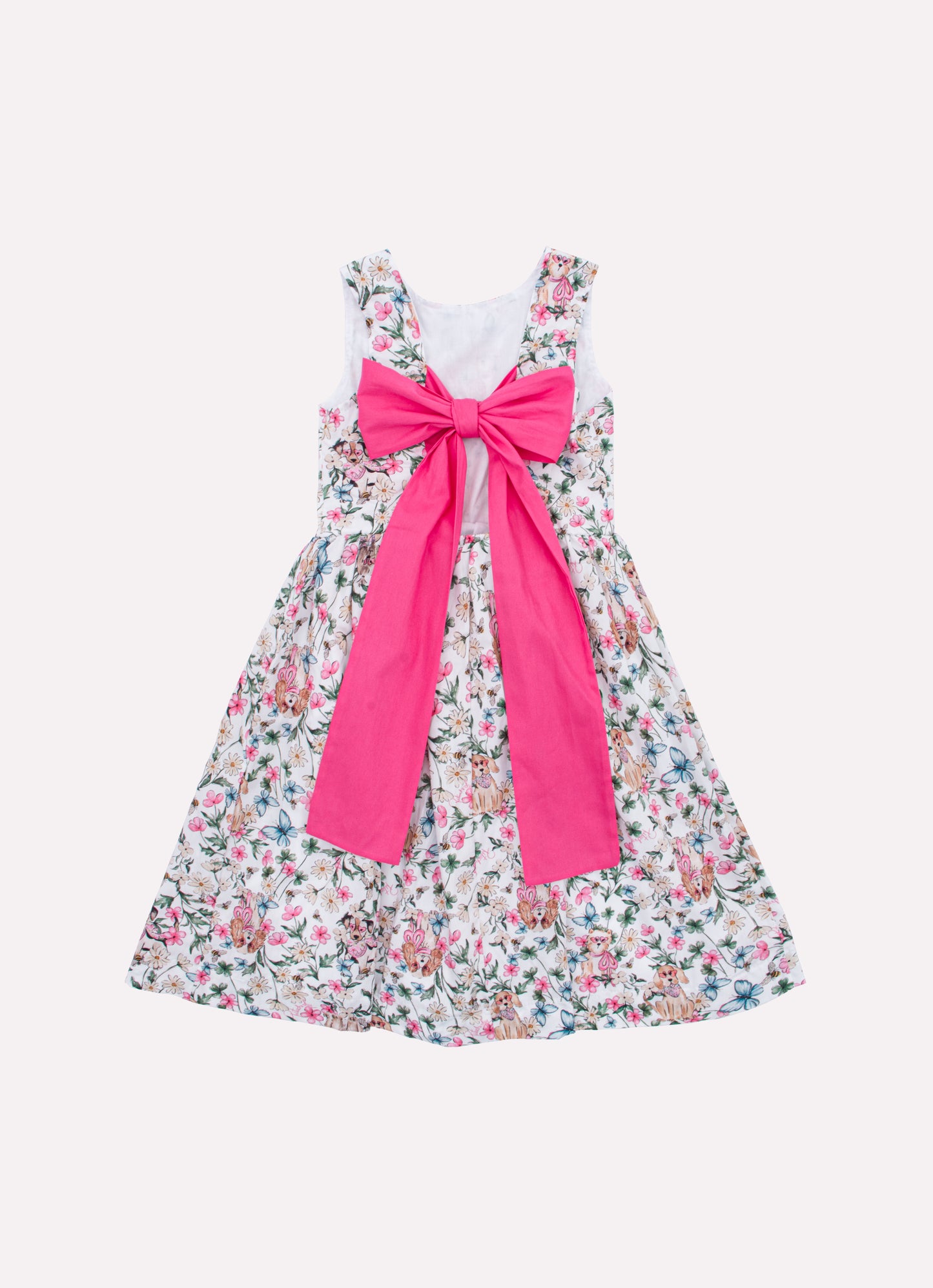 Vestido Algodão Multi Flores e Cachorrinhos Laço Costas