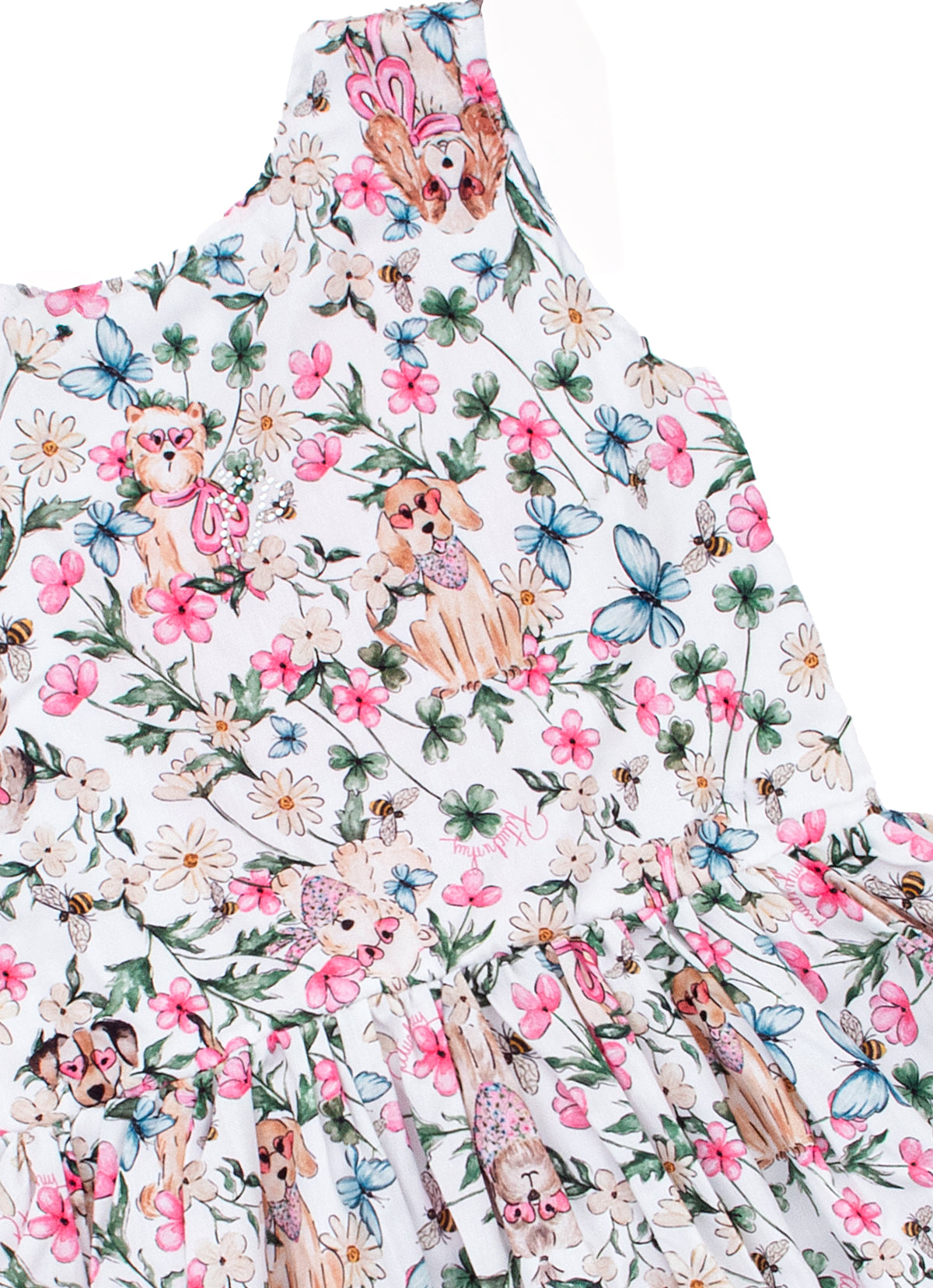 Vestido Algodão Multi Flores e Cachorrinhos Laço Costas