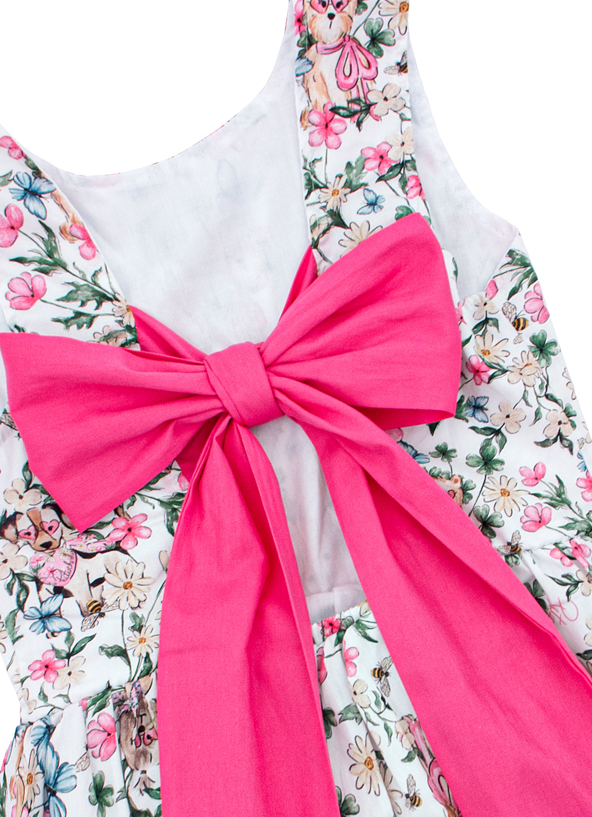 Vestido Algodão Multi Flores e Cachorrinhos Laço Costas