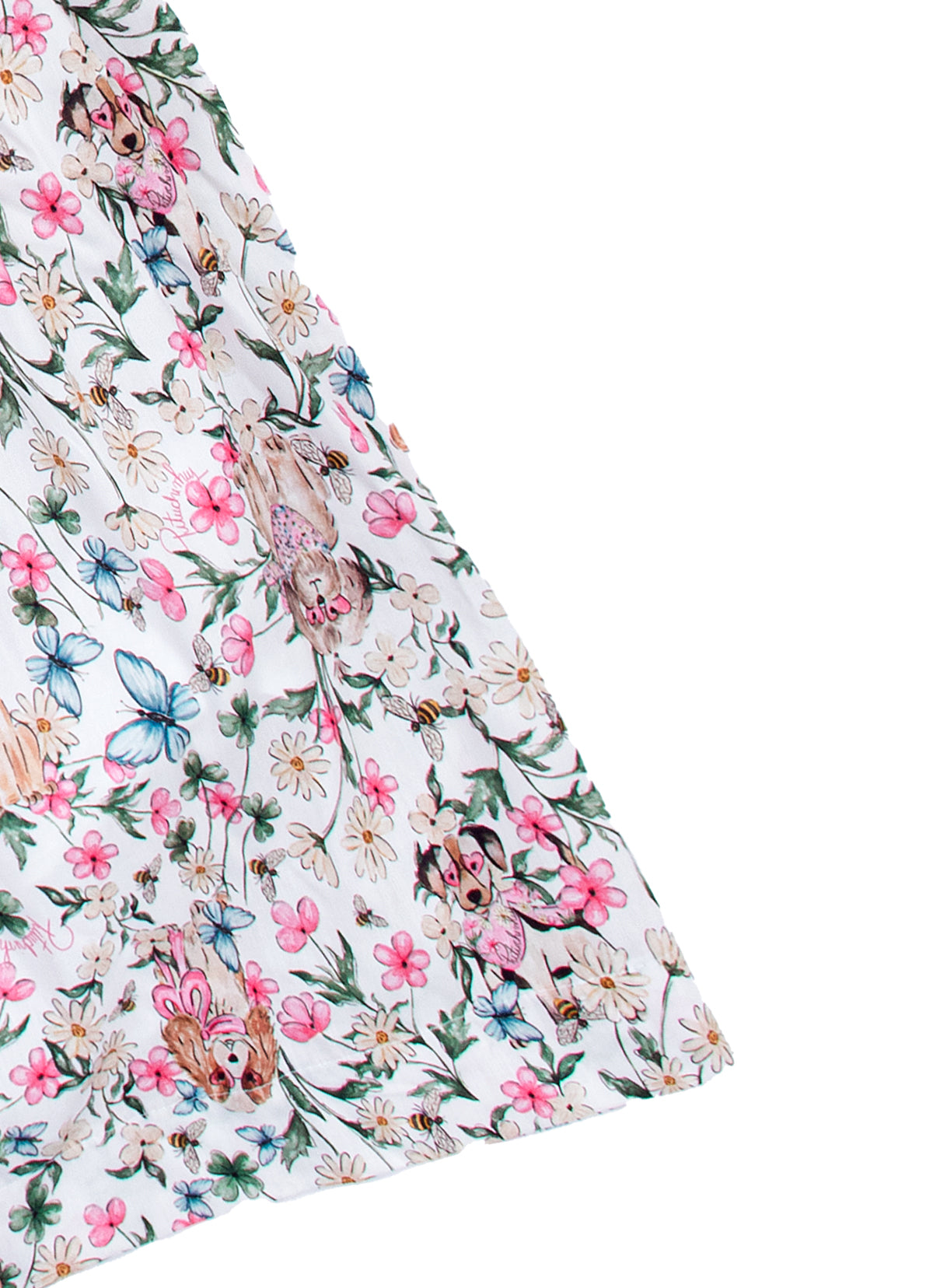 Vestido Algodão Multi Flores e Cachorrinhos Laço Costas
