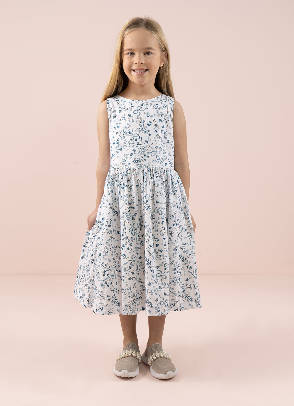 Vestido Algodão Multi Flores e Cachorrinhos Laço Costas