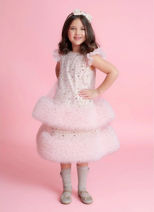 Vestido Algodão Estampado e Tule