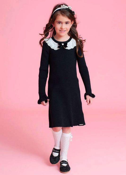 Vestido Tricot Canelado Gola Renda