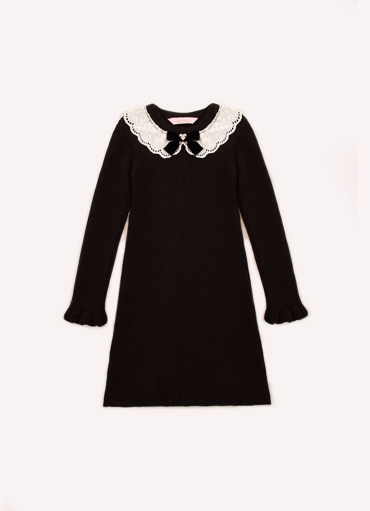 Vestido Tricot Canelado Gola Renda