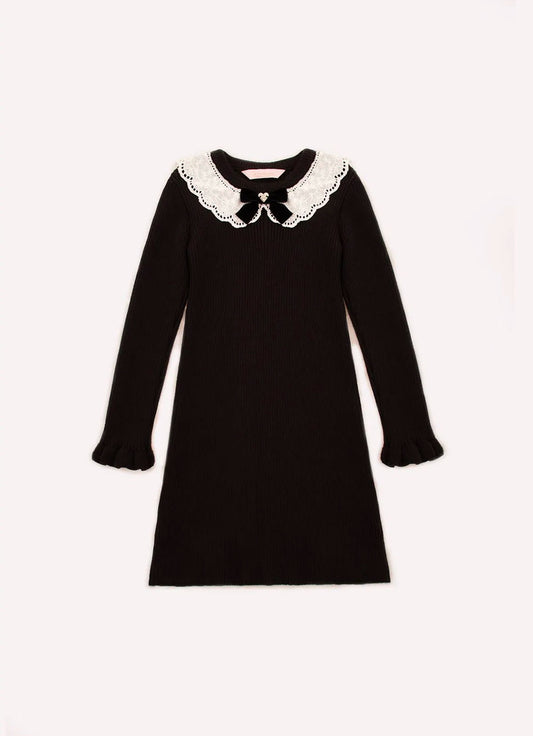 Vestido Tricot Canelado Gola Renda
