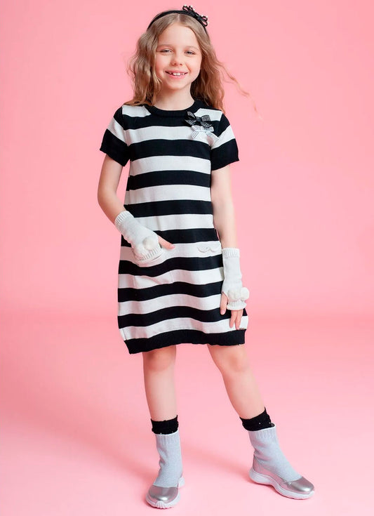 Vestido Tricot Listrado Laços Cristal