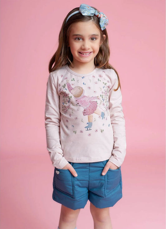 Short Puffer Tricoline Bolsos Botões Joia Coração