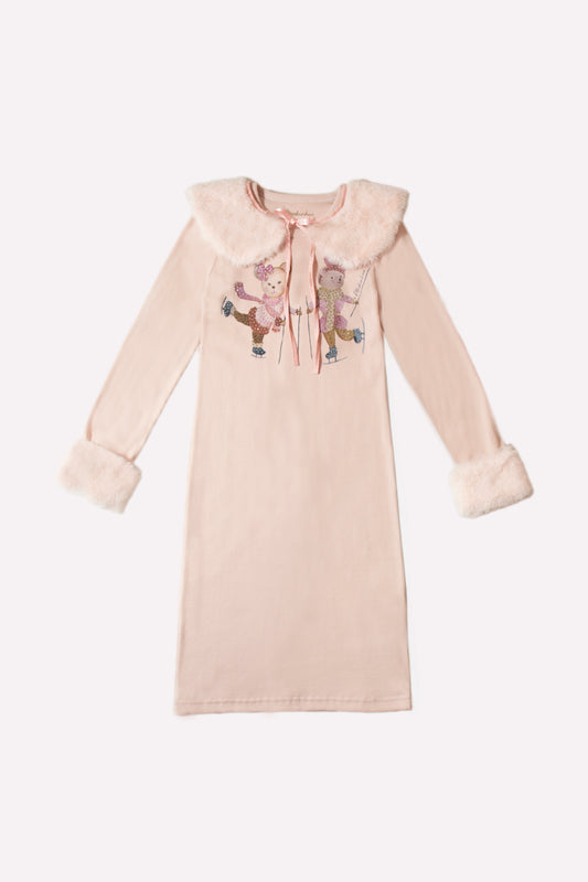 Vestido Ribana Midi Ursinhas Gola e Punho Pele