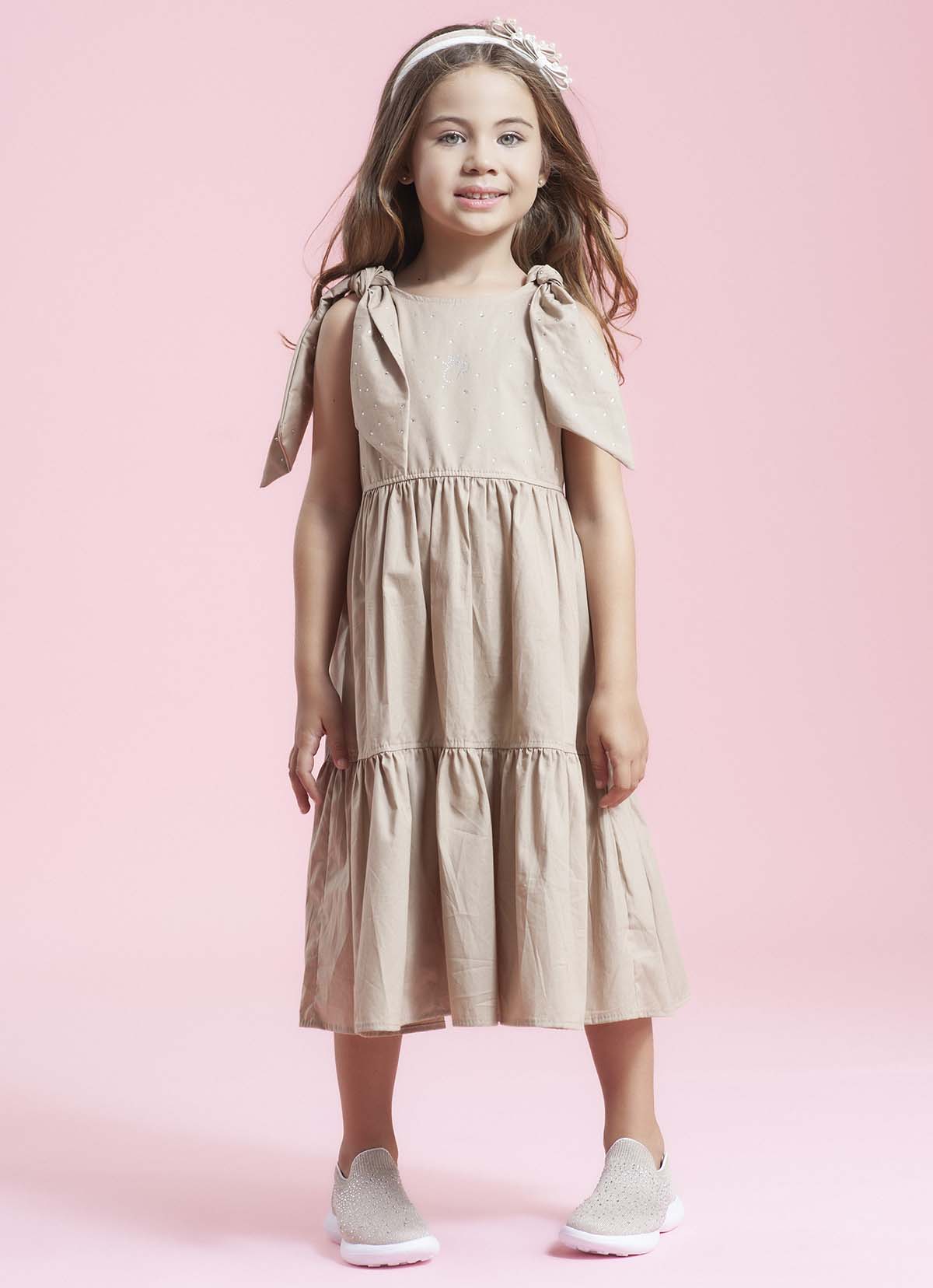Vestido Tricoline Babado Laços Cristais