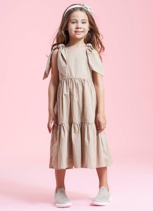 Vestido Tricoline Babado Laços Cristais