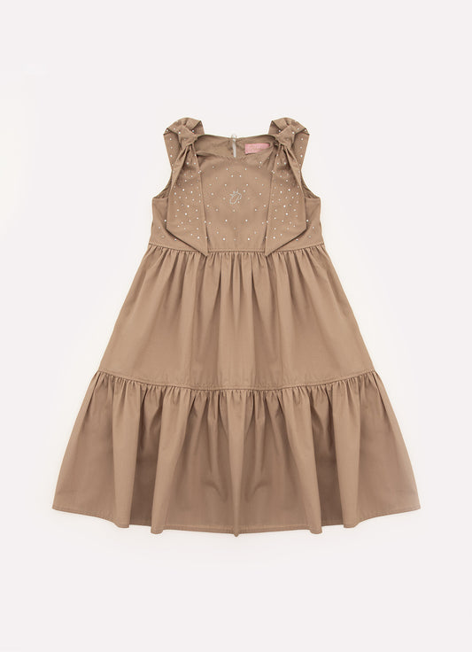 Vestido Tricoline Babado Laços Cristais