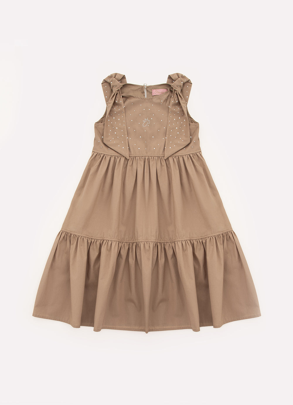Vestido Tricoline Babado Laços Cristais