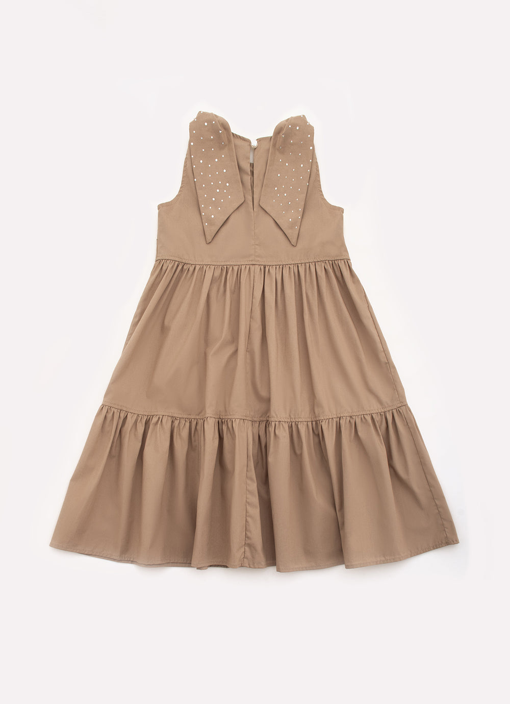 Vestido Tricoline Babado Laços Cristais
