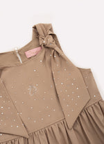 Vestido Tricoline Babado Laços Cristais