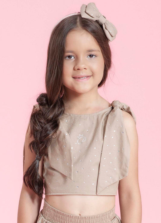 Blusa Tricoline Laços Ombros Cristais