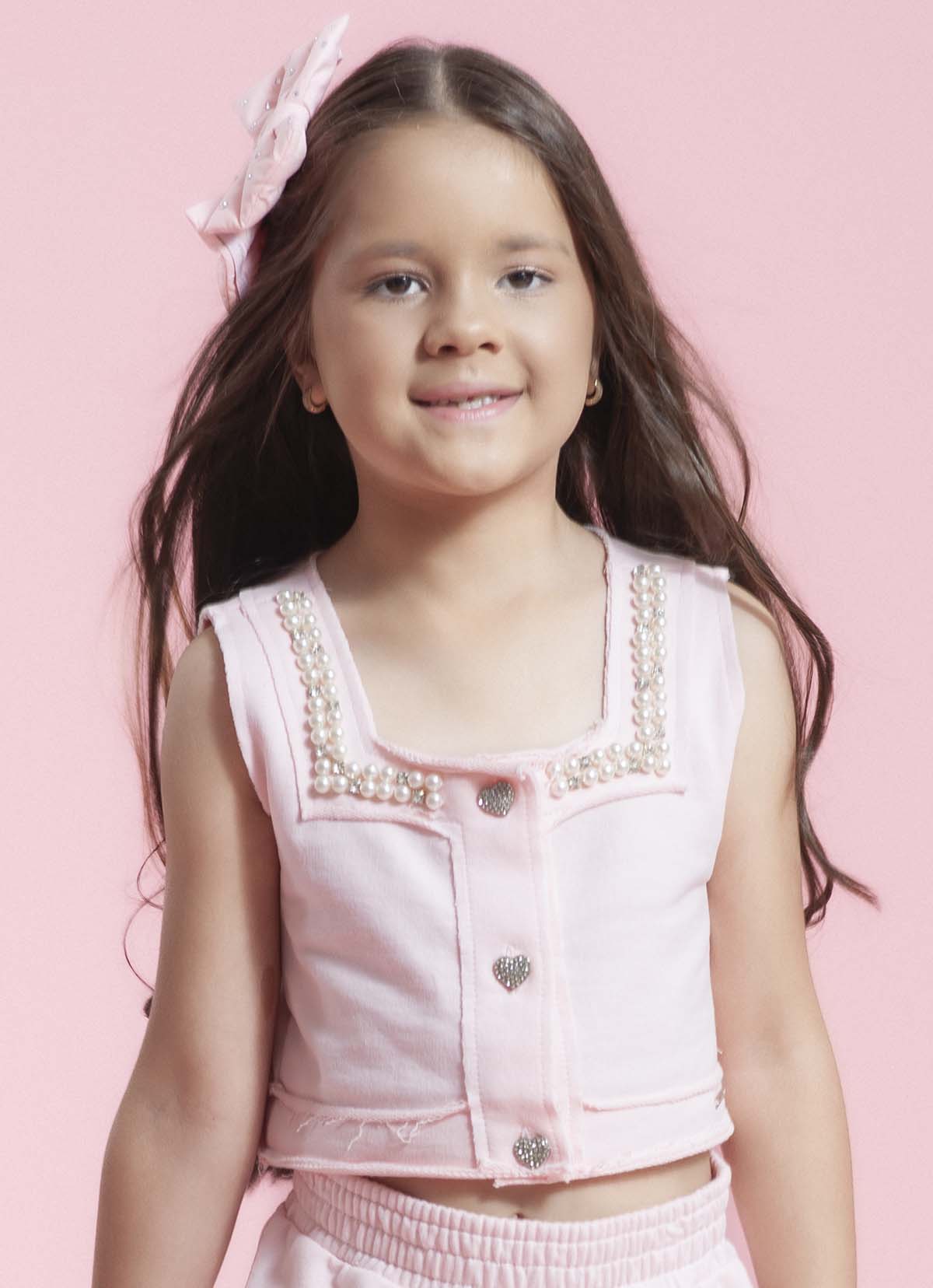 Colete Cropped Moletom Bordados Botões Joia
