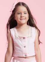 Colete Cropped Moletom Bordados Botões Joia