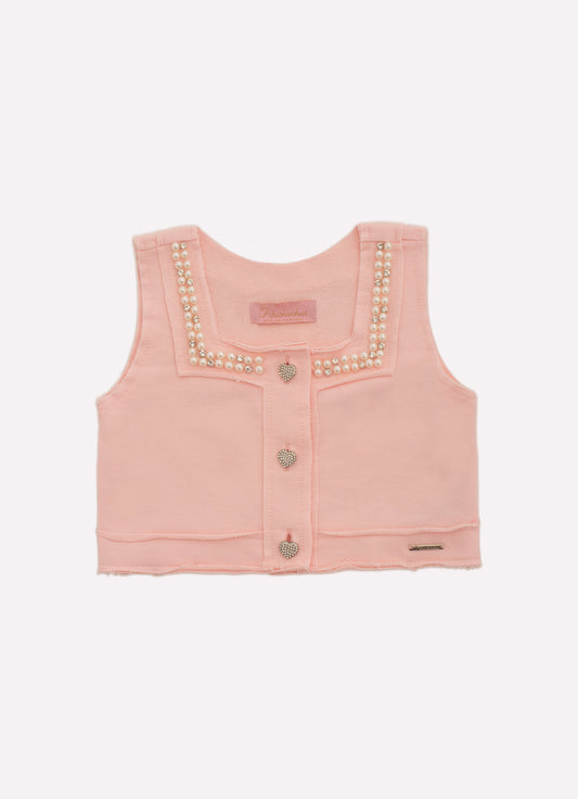 Colete Cropped Moletom Bordados Botões Joia