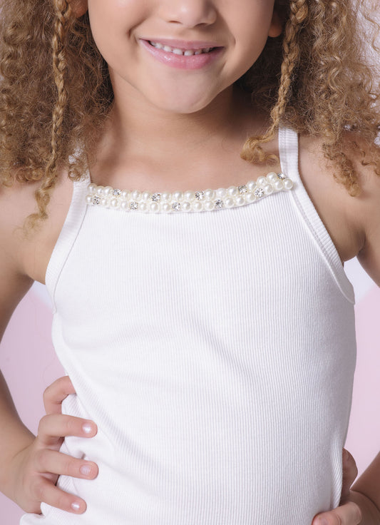 Blusa Alça Ribana Bordados Pérolas e Cristais