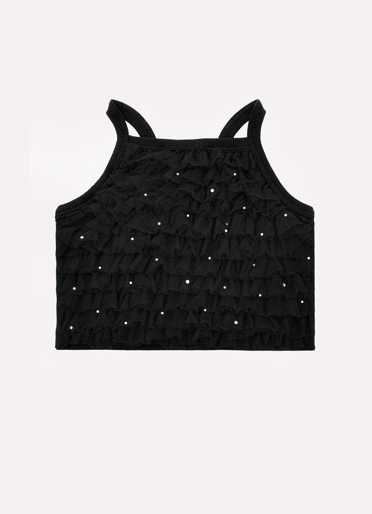 Blusa Cropped Ribana Frufru Tule Cristais