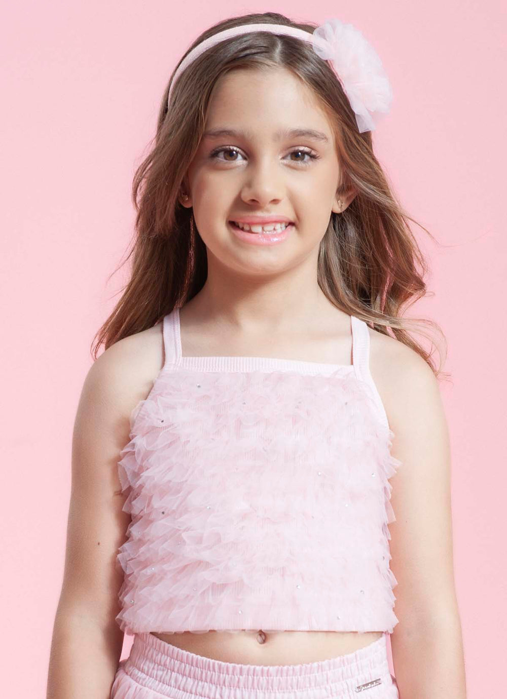 Blusa Cropped Ribana Frufru Tule Cristais