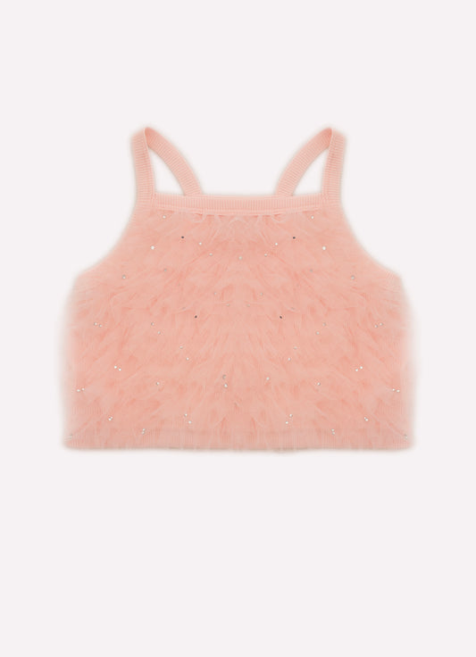 Blusa Cropped Ribana Frufru Tule Cristais