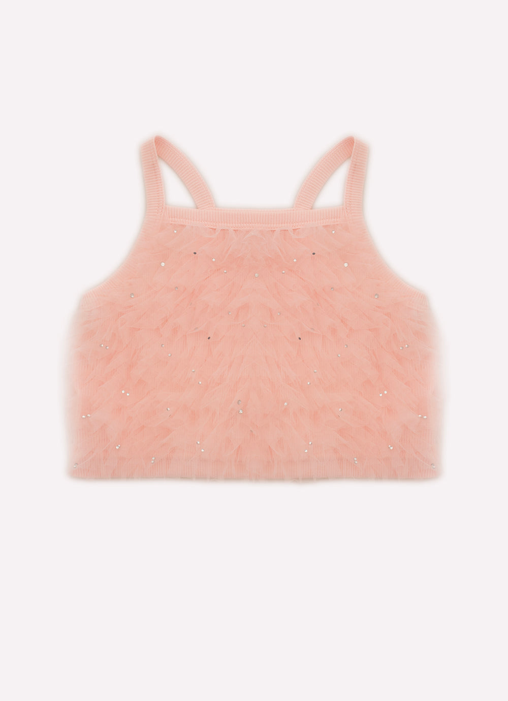Blusa Cropped Ribana Frufru Tule Cristais