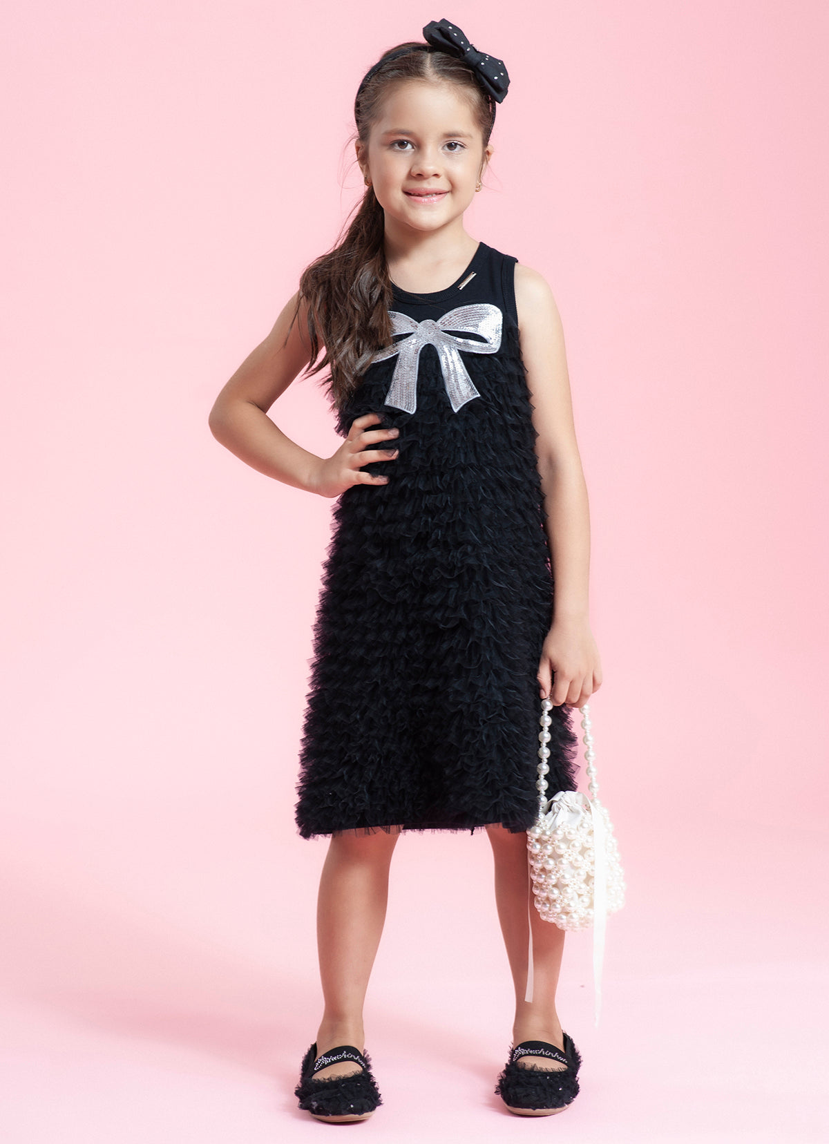Vestido Ribana Babadinhos Tule Laço Lantejoula