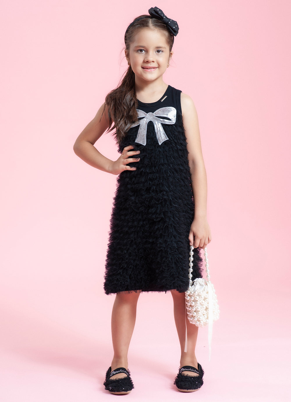 Vestido Ribana Babadinhos Tule Laço Lantejoula