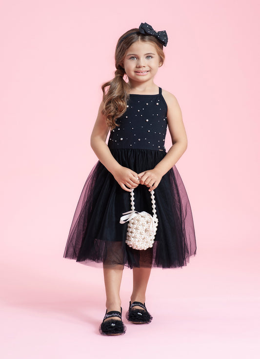 Vestido Cotton Alça Saia Tule Bordados