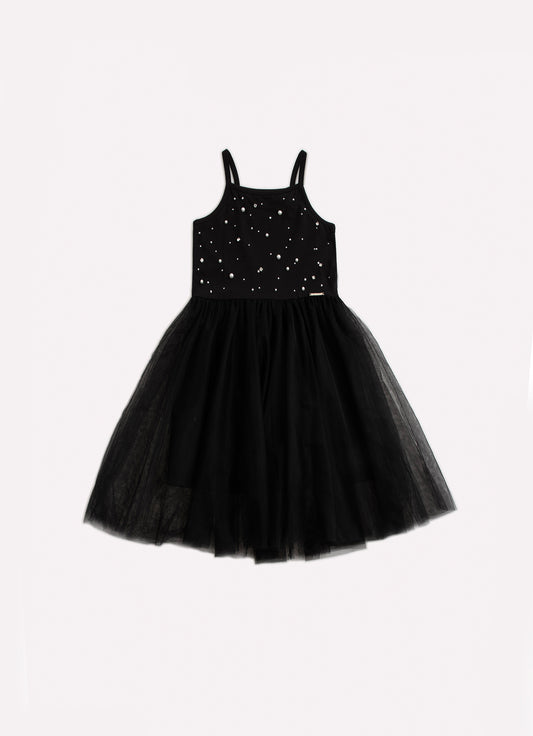 Vestido Cotton Alça Saia Tule Bordados