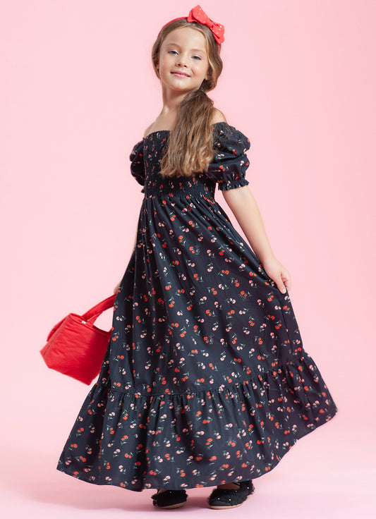 Vestido Longo Algodão Estampado Cravos Babado