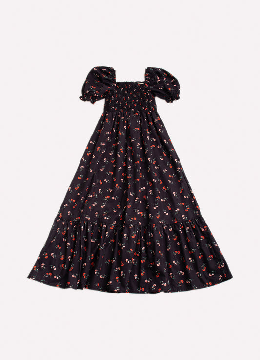 Vestido Longo Algodão Estampado Cravos Babado