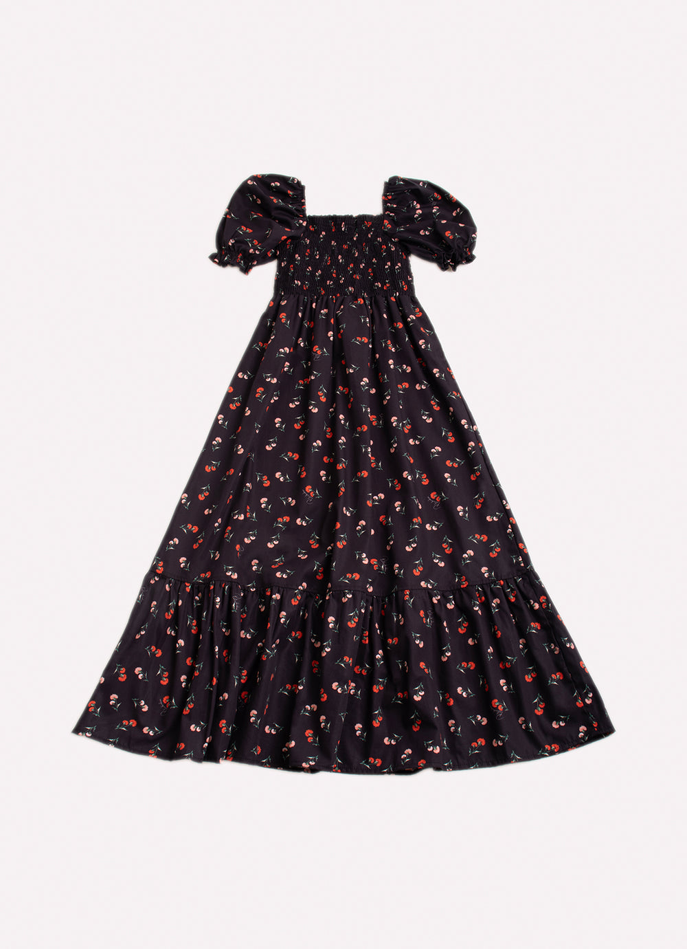 Vestido Longo Algodão Estampado Cravos Babado