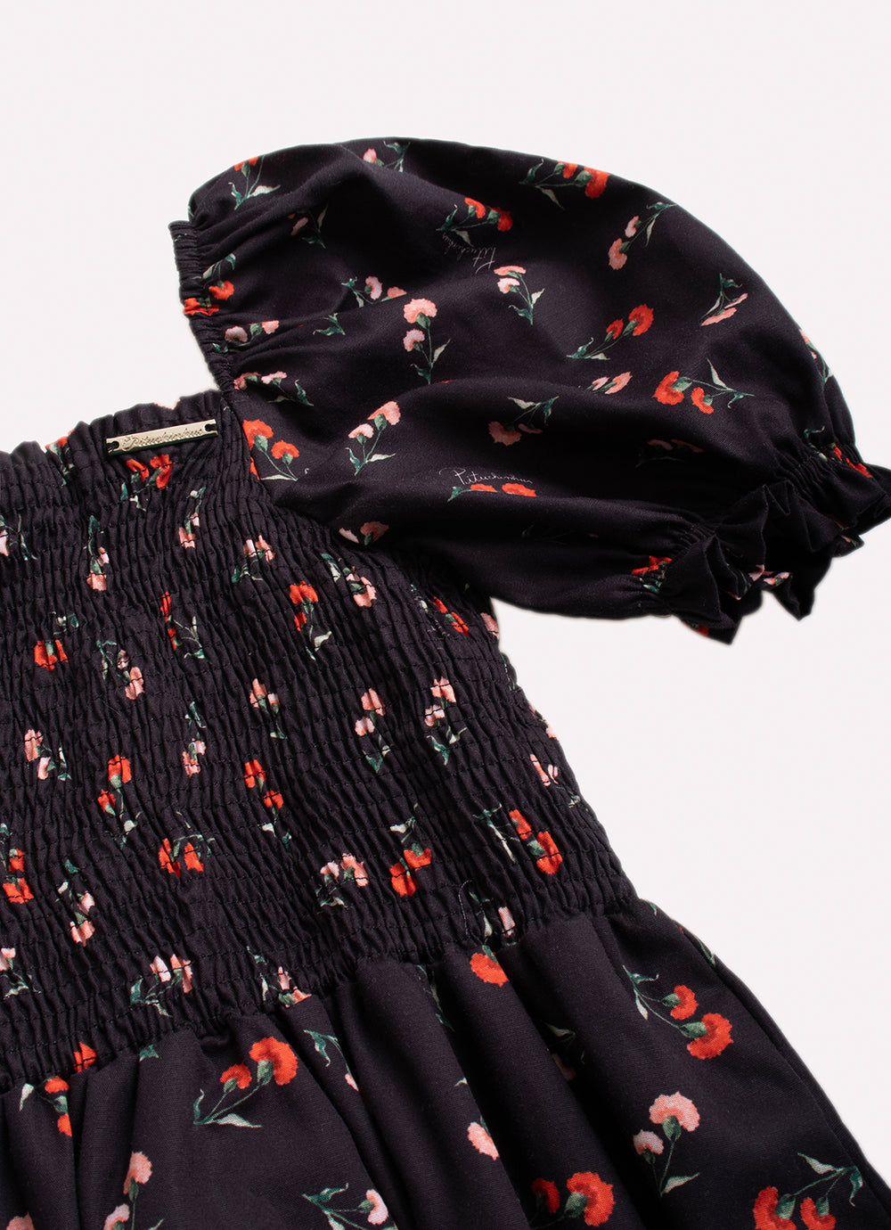 Vestido Longo Algodão Estampado Cravos Babado