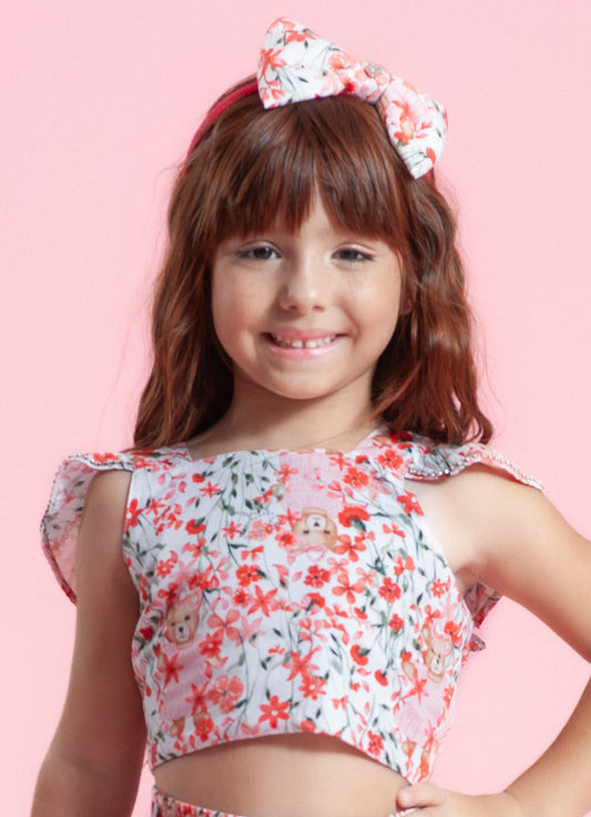 Blusa Cropped Algodão Estampado Flores e Ursa Cristal