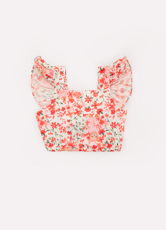 Blusa Cropped Algodão Estampado Flores e Ursa Cristal